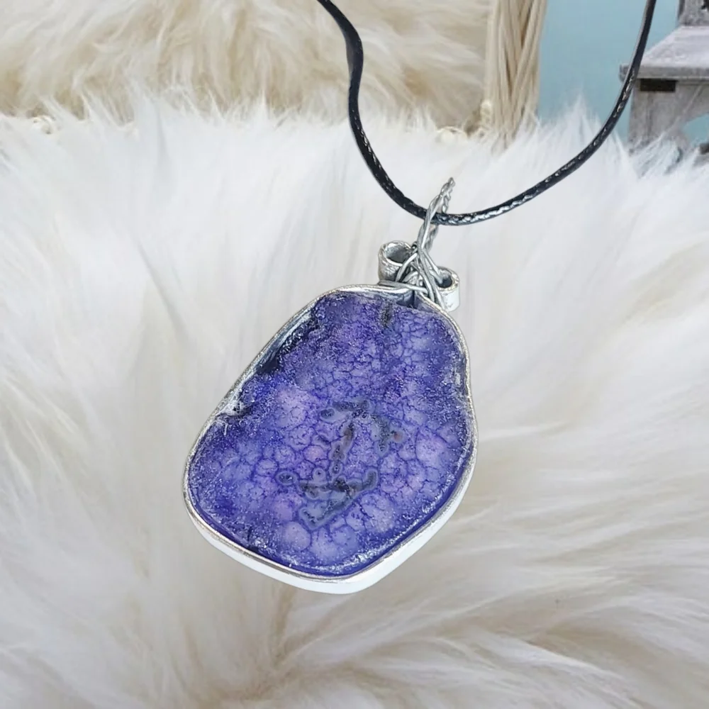 Handmade Natural Druzzy Pendant with Black Cord Necklace